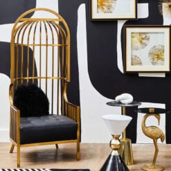 Art Deco Gold Metal And Black Faux Leather Cage Dome Armchair Accent Chair