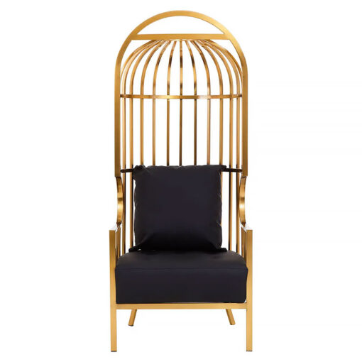 Art Deco Gold Metal And Black Faux Leather Cage Dome Armchair Accent Chair