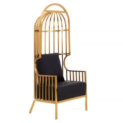 Art Deco Gold Metal And Black Faux Leather Cage Dome Armchair Accent Chair