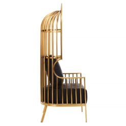 Art Deco Gold Metal And Black Faux Leather Cage Dome Armchair Accent Chair