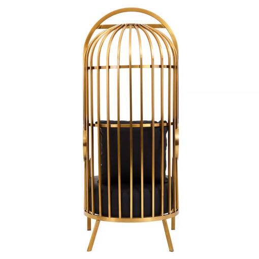 Art Deco Gold Metal And Black Faux Leather Cage Dome Armchair Accent Chair