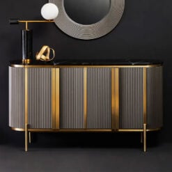 Art Deco Gold Metal And Black Wood 4 Door Sideboard With Black Marble Top