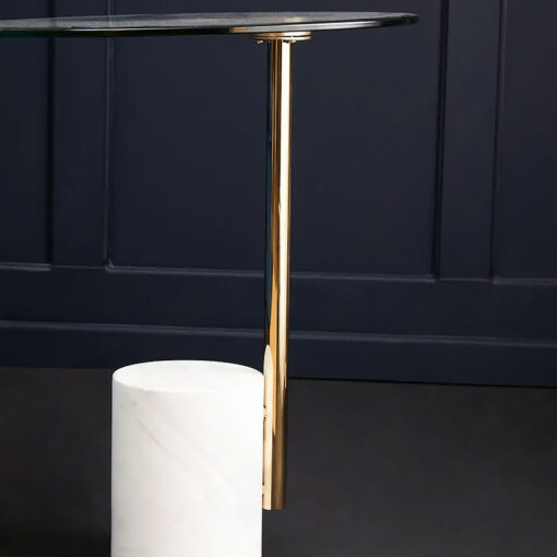 Art Deco Gold Metal And Clear Glass Side Table With White Marble Base