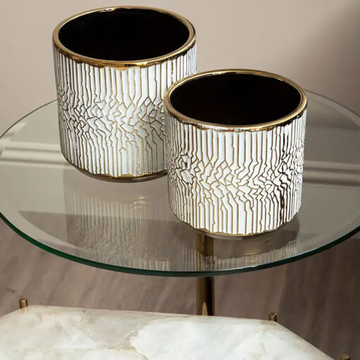 Art Deco Gold Metal And Clear Glass Side Table With White Marble Base