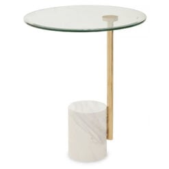 Art Deco Gold Metal And Clear Glass Side Table With White Marble Base