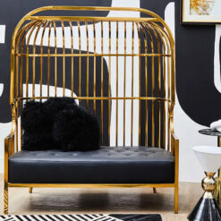 Art Deco Gold Metal Cage 2 Seater Sofa With Black Faux Leather Upholstery