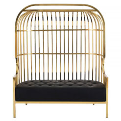 Art Deco Gold Metal Cage 2 Seater Sofa With Black Faux Leather Upholstery