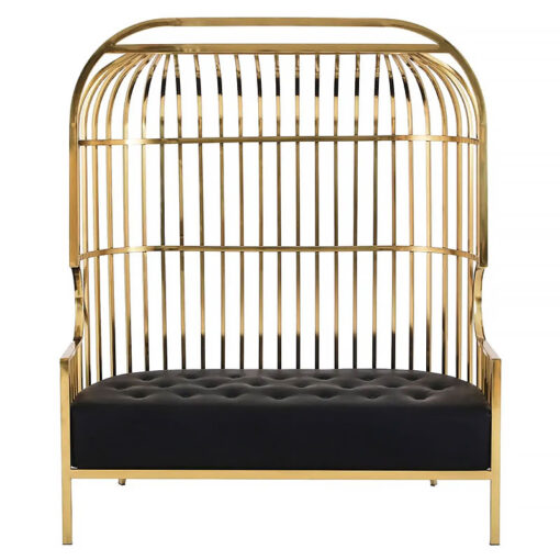 Art Deco Gold Metal Cage 2 Seater Sofa With Black Faux Leather Upholstery