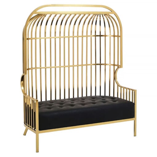 Art Deco Gold Metal Cage 2 Seater Sofa With Black Faux Leather Upholstery