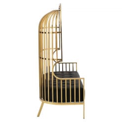 Art Deco Gold Metal Cage 2 Seater Sofa With Black Faux Leather Upholstery