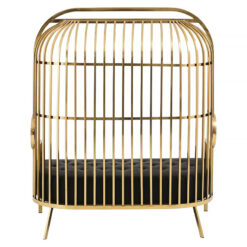 Art Deco Gold Metal Cage 2 Seater Sofa With Black Faux Leather Upholstery