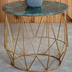 Art Deco Gold Metal Round Side Table End Table With Green Marble Top