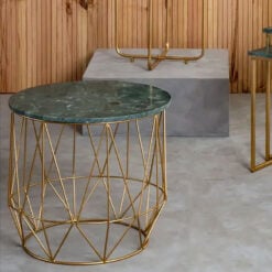 Art Deco Gold Metal Round Side Table End Table With Green Marble Top