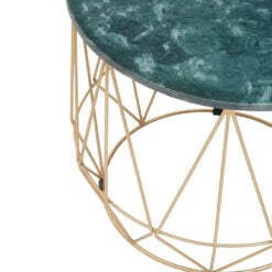 Art Deco Gold Metal Round Side Table End Table With Green Marble Top