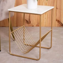 Art Deco Gold Metal Side Table With White Marble Top And Magazine Rack