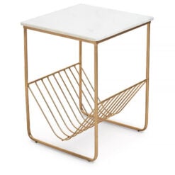 Art Deco Gold Metal Side Table With White Marble Top And Magazine Rack