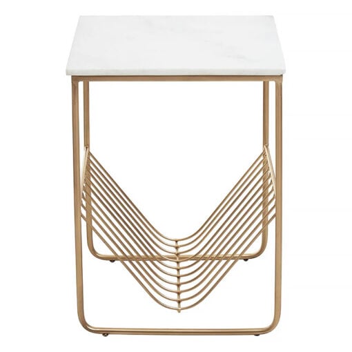 Art Deco Gold Metal Side Table With White Marble Top And Magazine Rack