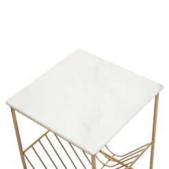 Art Deco Gold Metal Side Table With White Marble Top And Magazine Rack