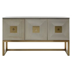 Art Deco Light Gold Wood And Gold Metal Large 3 Door Sideboard Cabinet