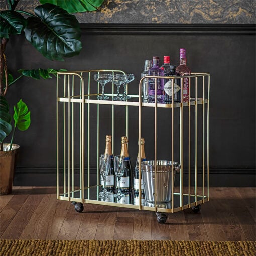 Art Dèco Mirrored Glass and Gold Metal Drinks Trolley Drinks Cart