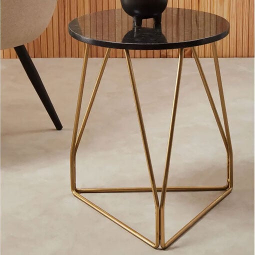 Art Deco Round Black Marble And Gold Metal Side Table End Table