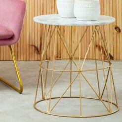 Art Deco Round Gold Metal Side Table End Table With White Marble Top