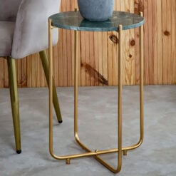 Art Deco Round Gold Metal Side Table With Green Marble Top