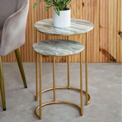 Art Deco Set Of 2 Gold Metal Nesting Side Tables With White Marble Tops