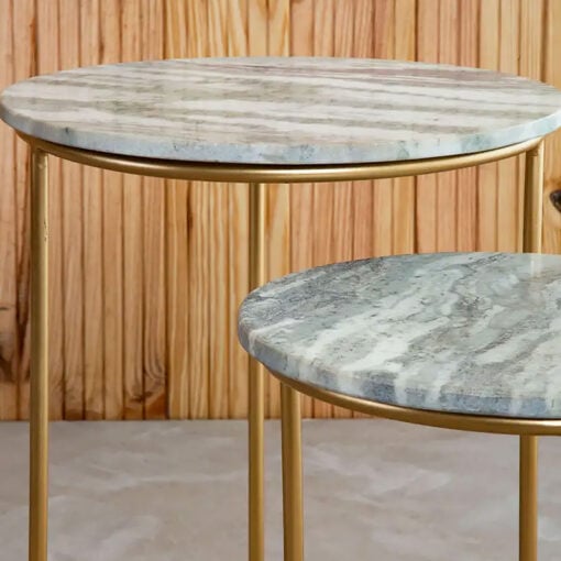 Art Deco Set Of 2 Gold Metal Nesting Side Tables With White Marble Tops