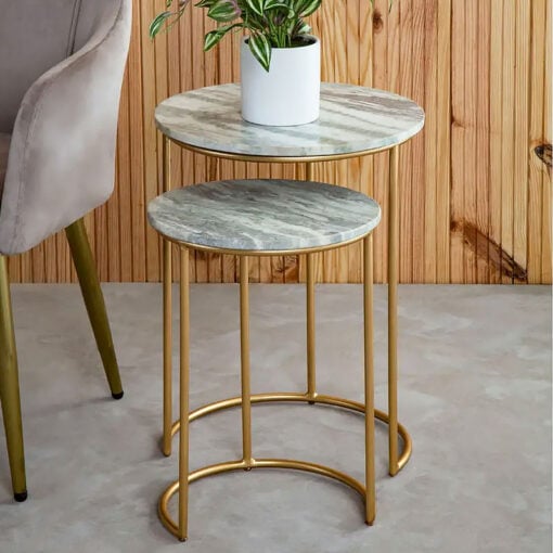 Art Deco Set Of 2 Gold Metal Nesting Side Tables With White Marble Tops