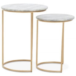 Art Deco Set Of 2 Gold Metal Nesting Side Tables With White Marble Tops