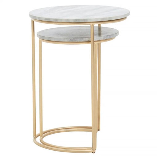 Art Deco Set Of 2 Gold Metal Nesting Side Tables With White Marble Tops