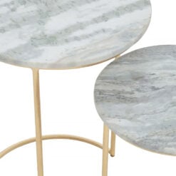 Art Deco Set Of 2 Gold Metal Nesting Side Tables With White Marble Tops