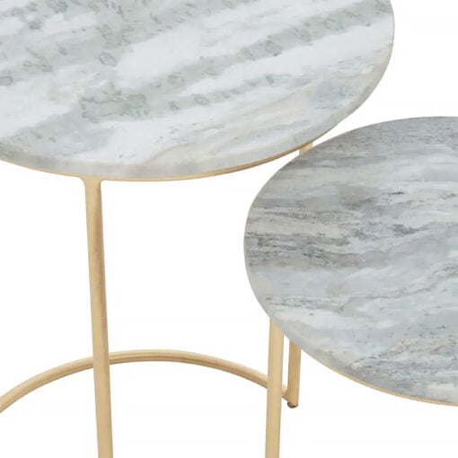 Art Deco Set Of 2 Gold Metal Nesting Side Tables With White Marble Tops