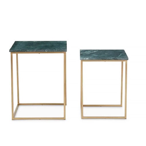 Art Deco Set Of 2 Square Gold Metal Nesting Side Tables With Green Marble Tops