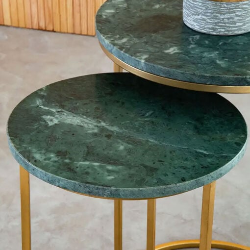 Art Deco Set of 3 Nesting Green Marble And Gold Metal End Side Tables