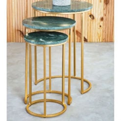 Art Deco Set of 3 Nesting Green Marble And Gold Metal End Side Tables