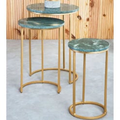 Art Deco Set of 3 Nesting Green Marble And Gold Metal End Side Tables