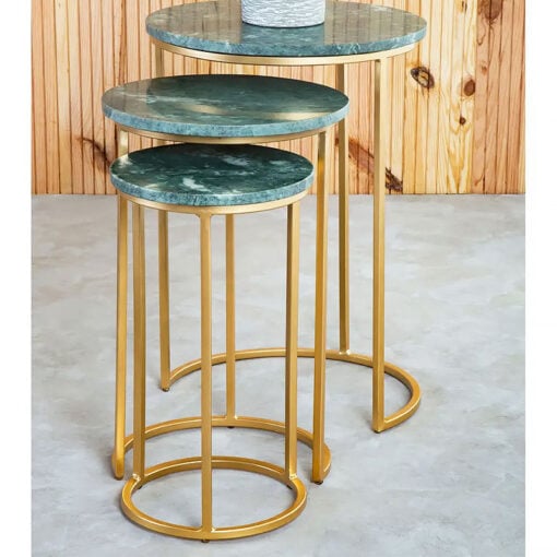 Art Deco Set of 3 Nesting Green Marble And Gold Metal End Side Tables