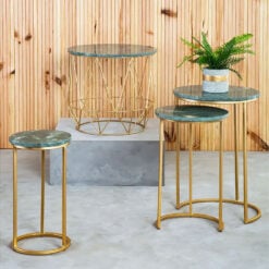 Art Deco Set of 3 Nesting Green Marble And Gold Metal End Side Tables