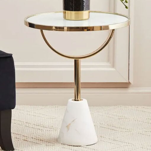 Art Deco White Glass And White Marble Side Table With Gold Metal Base