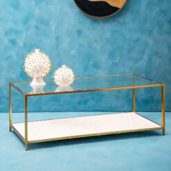 Art Deco White Terrazzo And Glass 2 Tier Coffee Table With Gold Frame