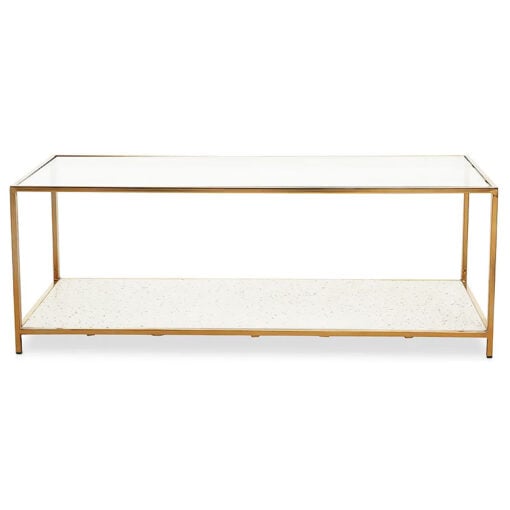 Art Deco White Terrazzo And Glass 2 Tier Coffee Table With Gold Frame