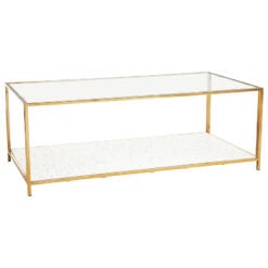 Art Deco White Terrazzo And Glass 2 Tier Coffee Table With Gold Frame