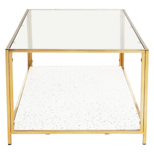 Art Deco White Terrazzo And Glass 2 Tier Coffee Table With Gold Frame