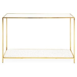 Art Deco White Terrazzo And Glass 2 Tier Console Table With Gold Frame