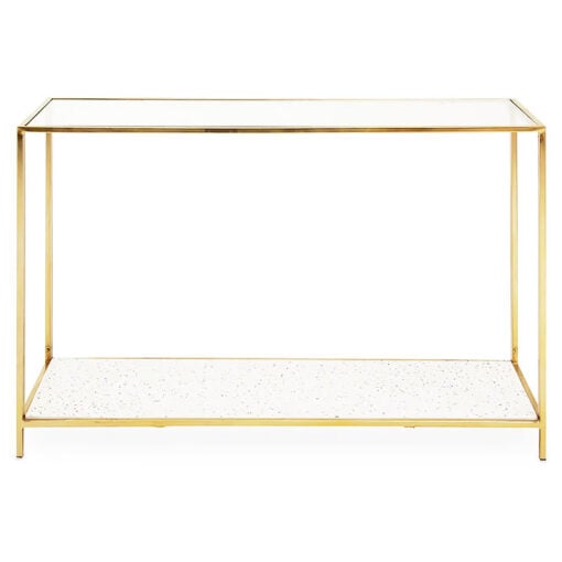 Art Deco White Terrazzo And Glass 2 Tier Console Table With Gold Frame