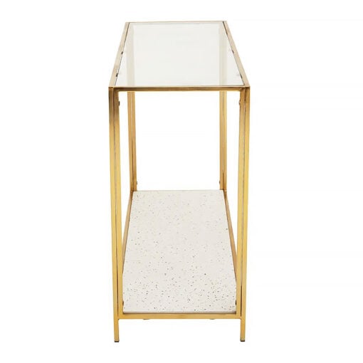 Art Deco White Terrazzo And Glass 2 Tier Console Table With Gold Frame