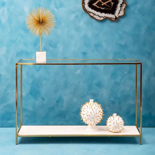 Art Deco White Terrazzo And Glass 2 Tier Console Table With Gold Frame