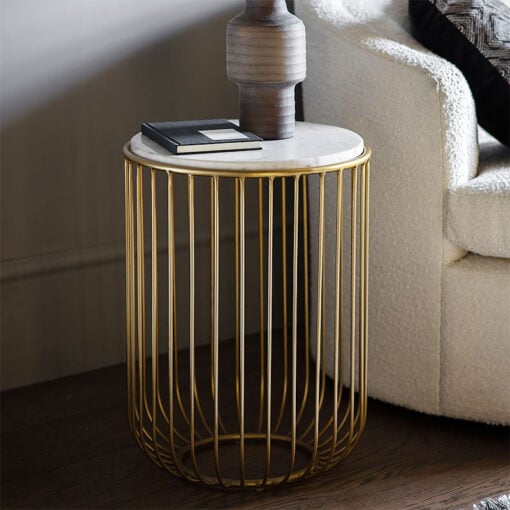 Asa Antique Gold Brass Wire Metal Side End Table With White Marble Top